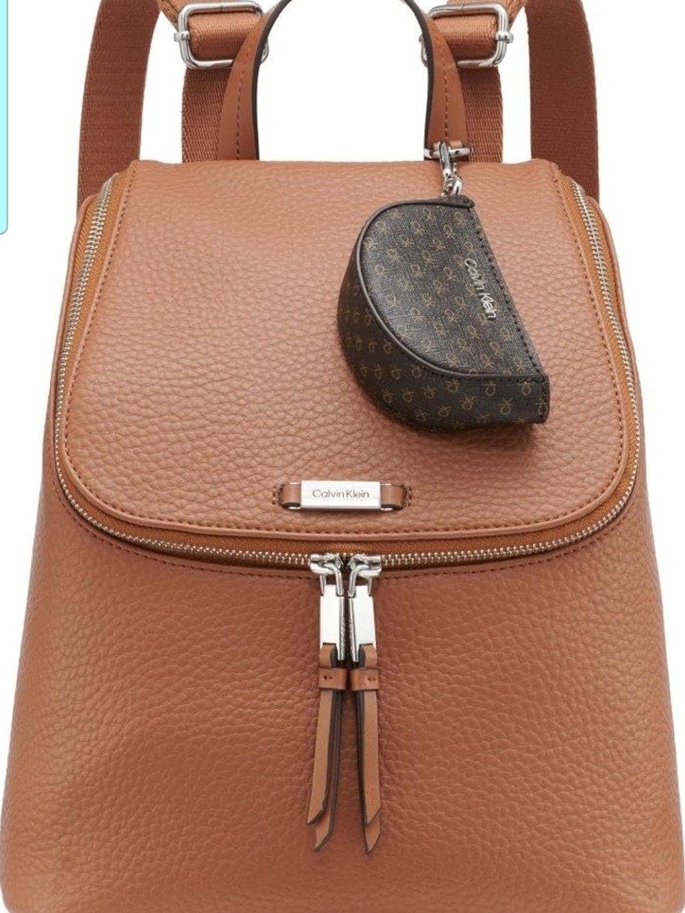 Calvin Klein Cognac Pebbled Leather Backpack with Coin Pouch